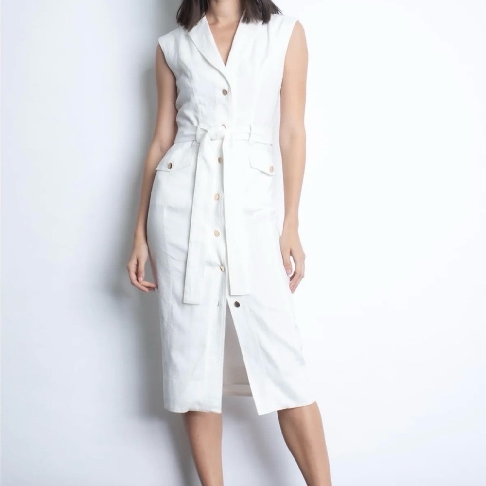 Karina Grimaldi Airim Linen Midi Dress White Belted Button Front XS